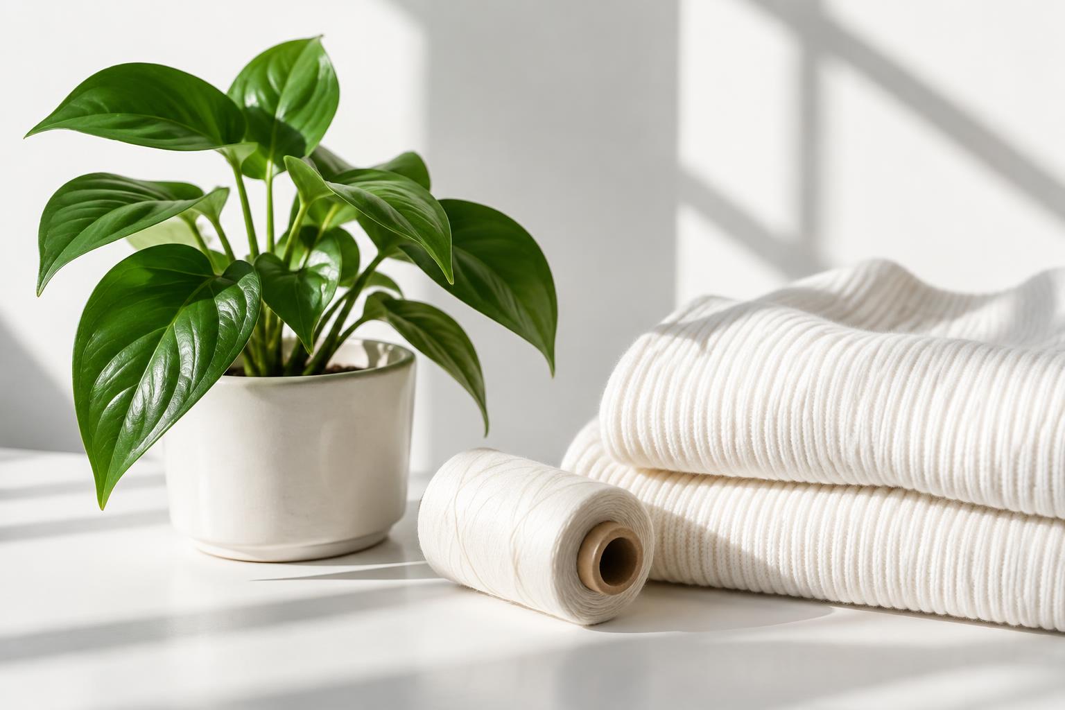 Green plant and white knit materials representing thoughtful sourcing