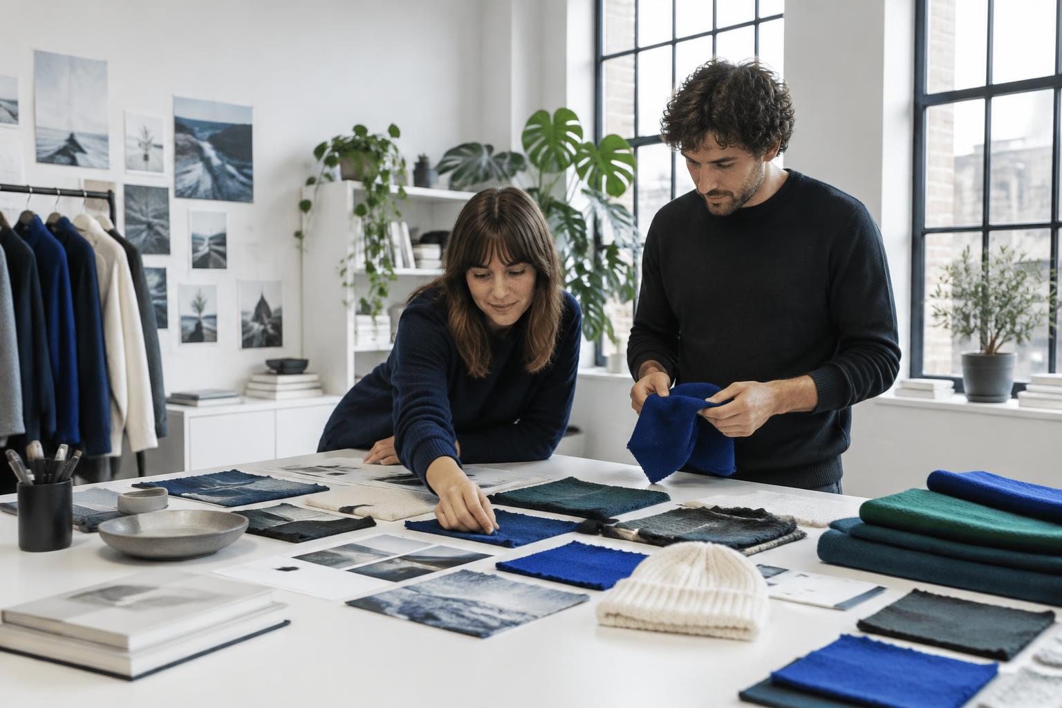 Illustrative fashion studio with designers considering fabrics and headwear